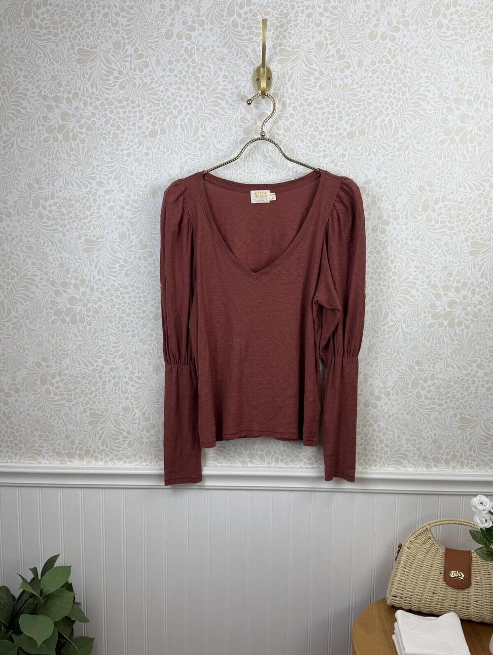 Nation LTD Burgundy Pima Cotton V-Neck Puff Long Sleeve Top - Size - Large